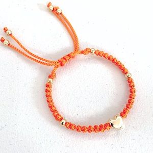 Stainless Steel Golden Puffed Heart Ajustable Macrame Bracelet Orange